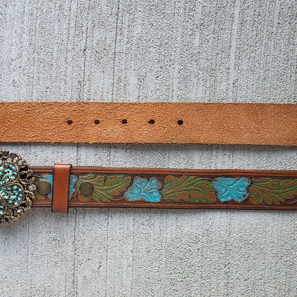 Vintage Arden B Genuine Leather Belt with Ornate Turquoise-Style Buckle - Picture 6 of 9